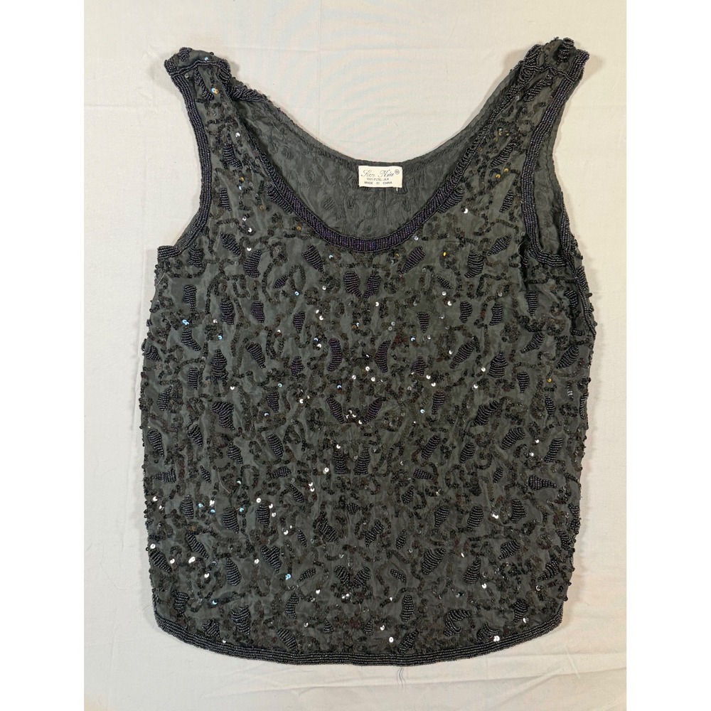 Sun Kiu Black 100% Pure Silk Beaded Sequined Tank Top Women Medium Scoop Y2K